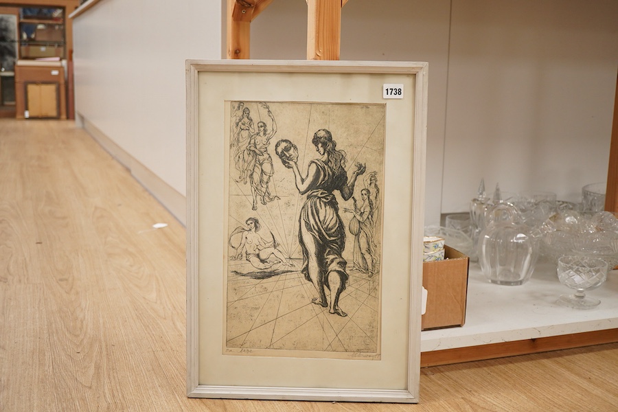 Marcel Chirnooga (Romanian), Muses, signed in pencil, indistinctly dated and inscribed, etching, 40 x 25cm